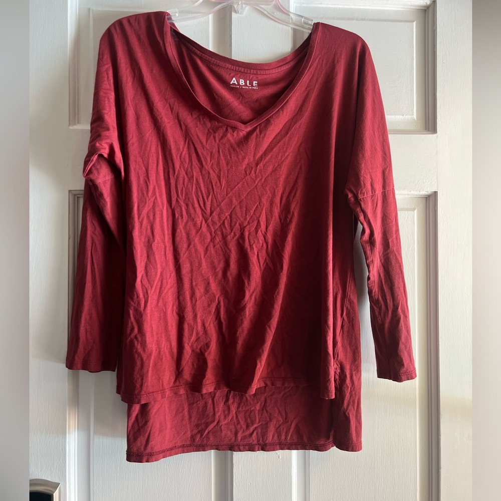 ABLE, maroon long sleeve t-shirt, medium, split side